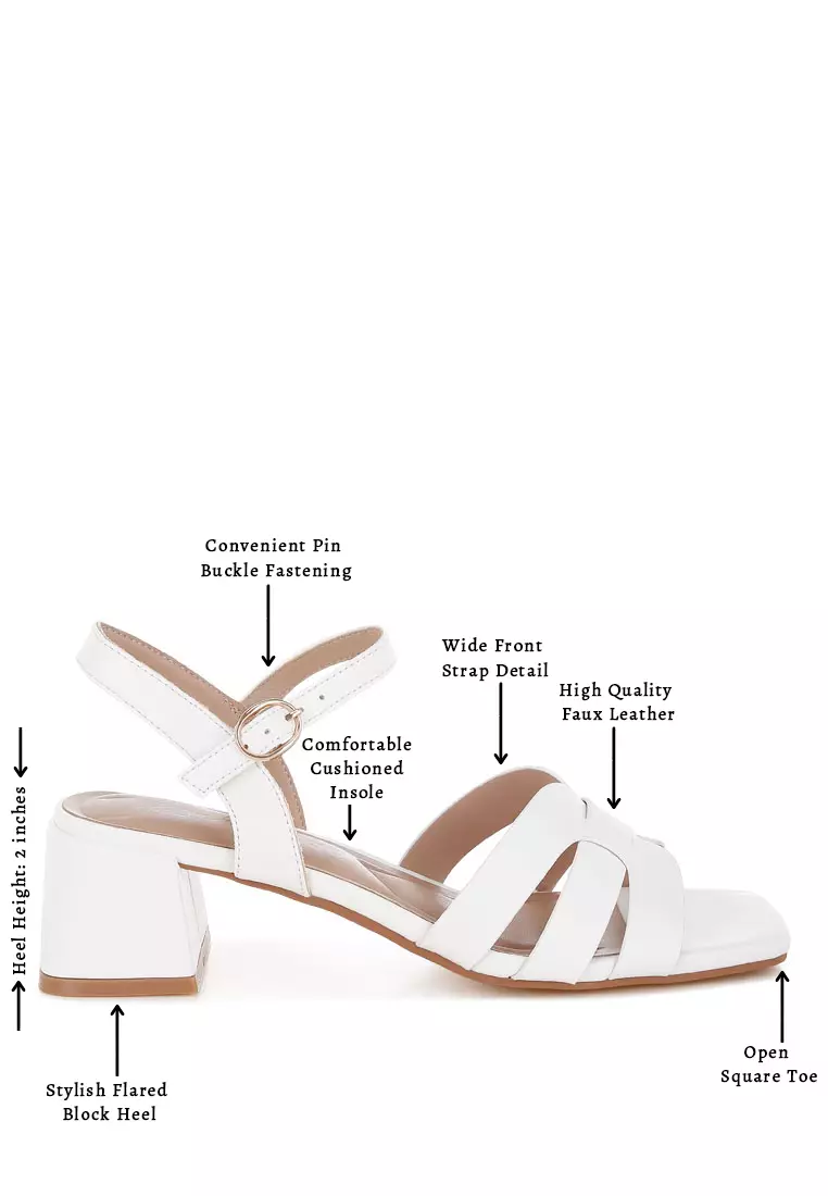 Strappy Square Toe Block Heels In White