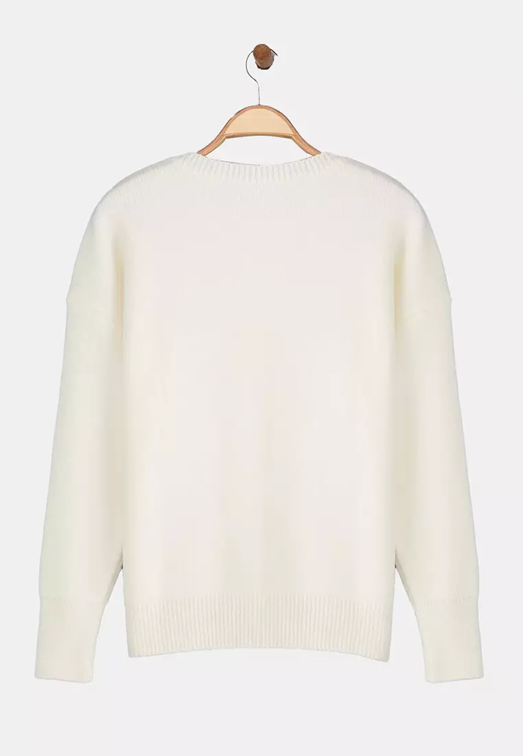 Ecru Wool Premium Yarn/Special Yarn Basic Wide Fit Knitwear Sweater