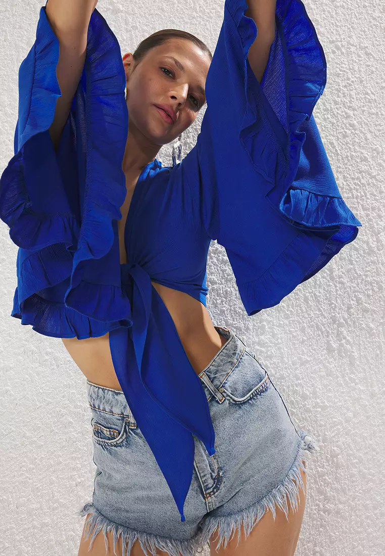 Saks Crop Woven Flounce Beach Blouse