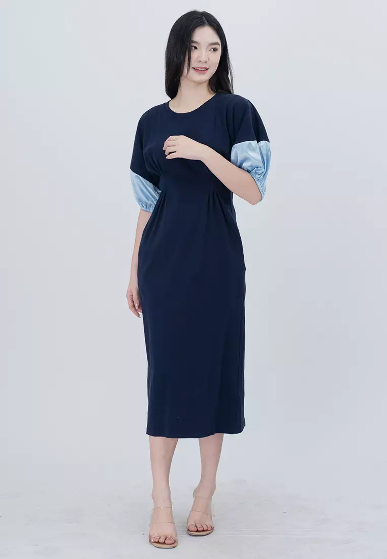 针织泡泡袖可伸缩中长款连衣裙