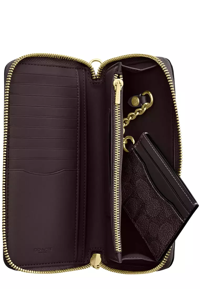 Long Zip Around Wallet With Detachable Card Case In Signature Canvas - Walnut/ Black CBZ99