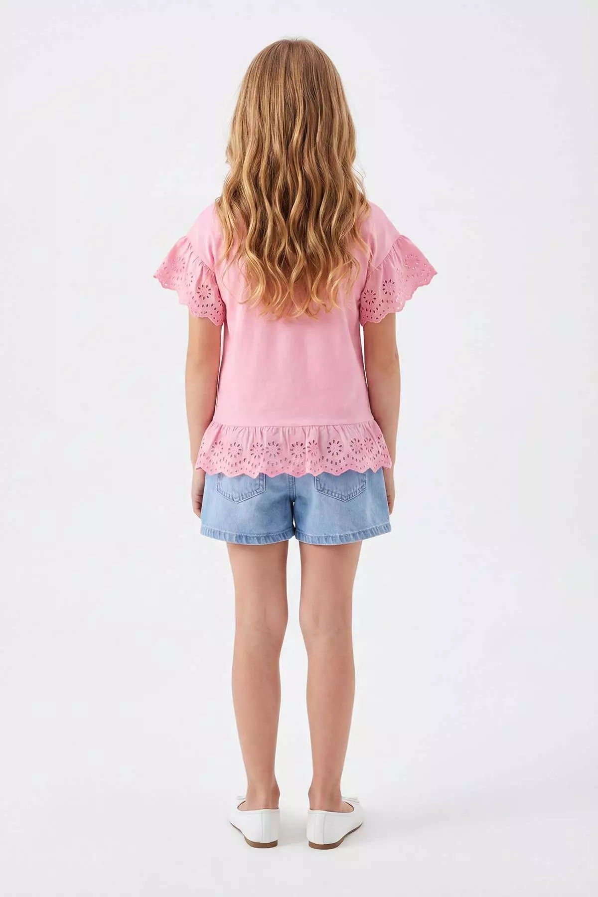 Pink Girl Child 100% Cotton Brode Detailed Short Sleeve Knitted T-Shirt/Blouse Tkdss24Ts00008