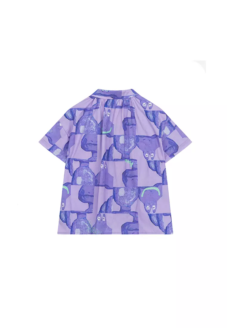 女小童短袖衬衫满底印花领圈抽褶趣味衬衣