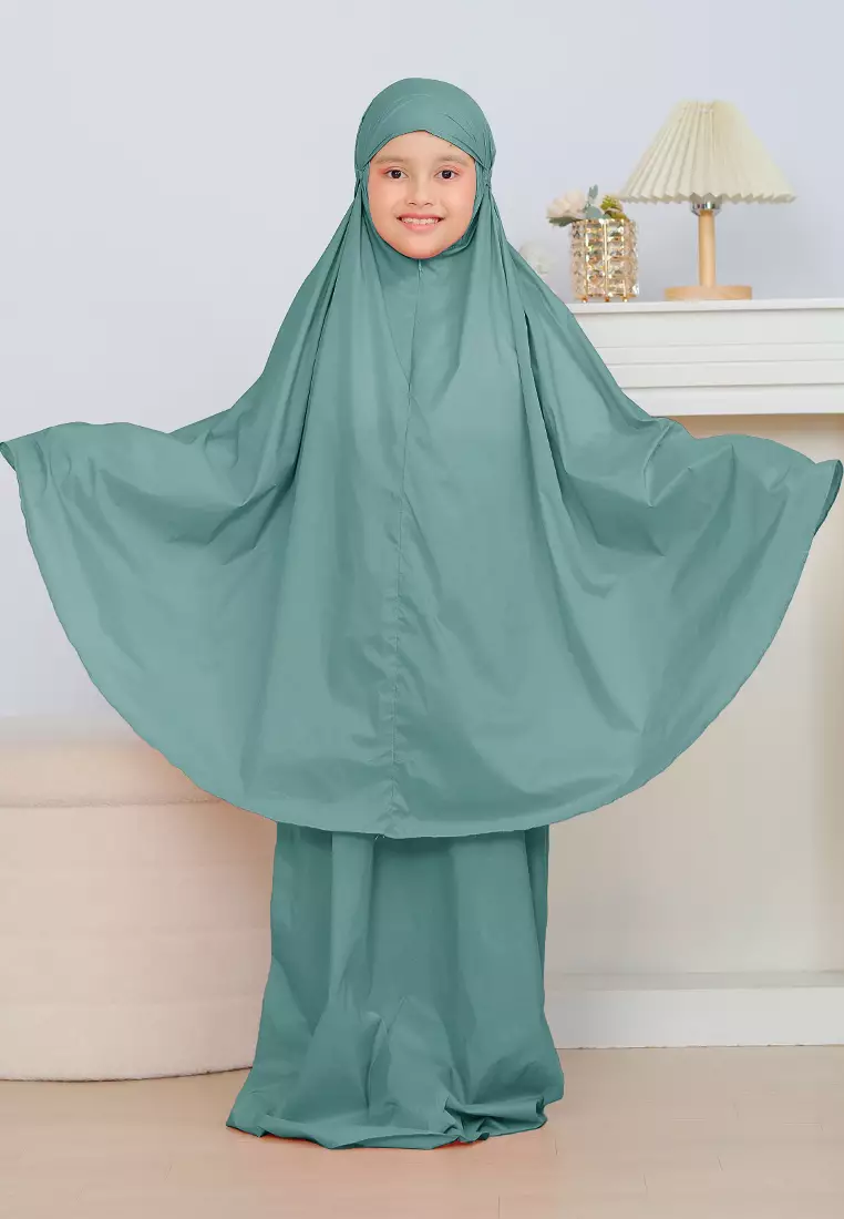 Zalwa Prayer Set | Mukena Travel Polos Resleting 2in1 | Mukena Anak - Turquoise Green - TK