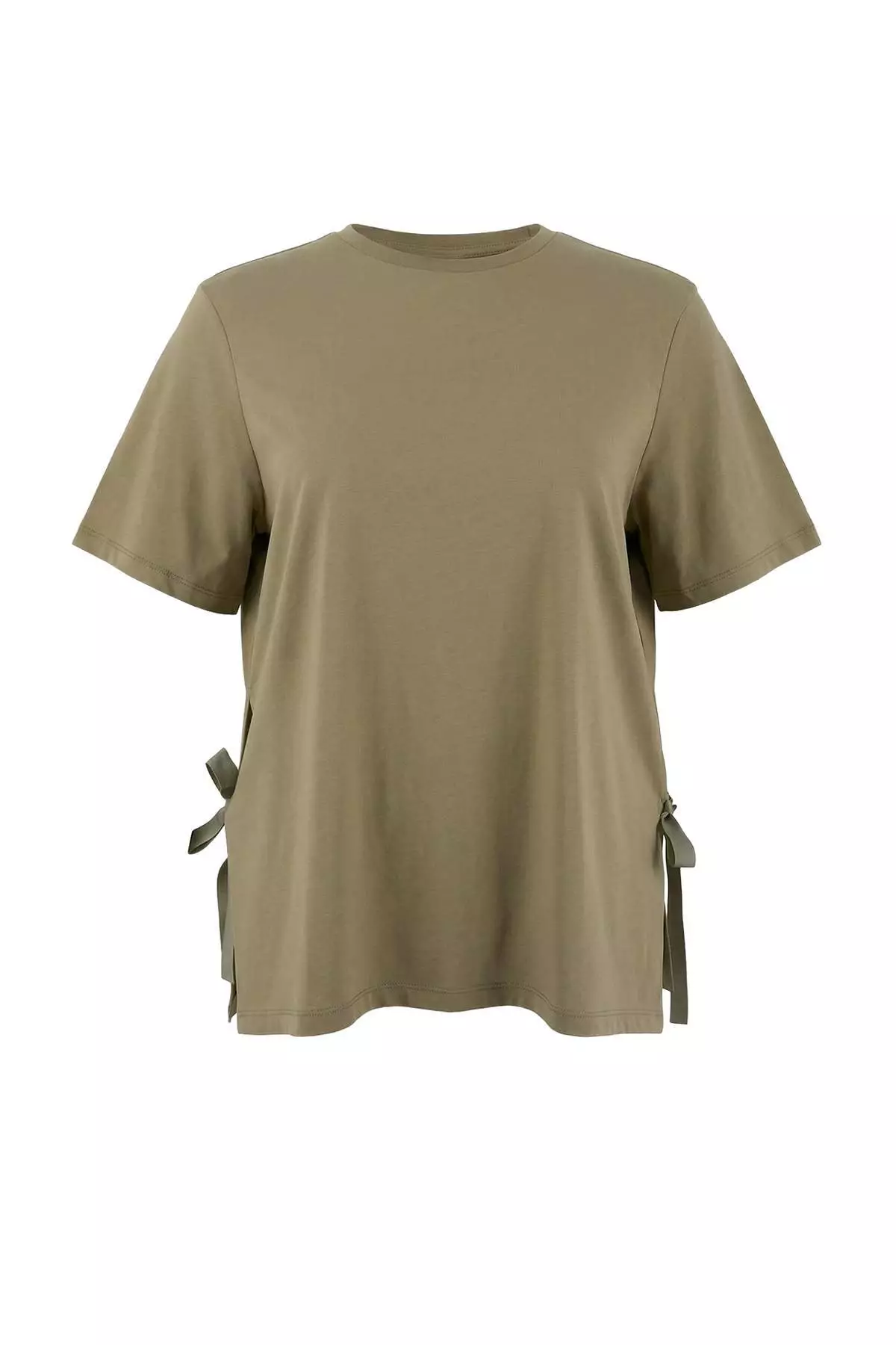 Light Khaki Side Bow Tie Detail Relaxed Fit Plus Size T-Shirt Tbbss25Bf00025