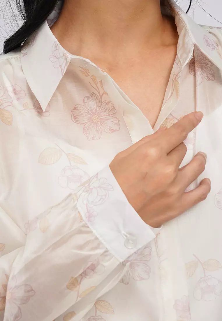 Embroidered Long Sleeve Sheer Blouse ECRU