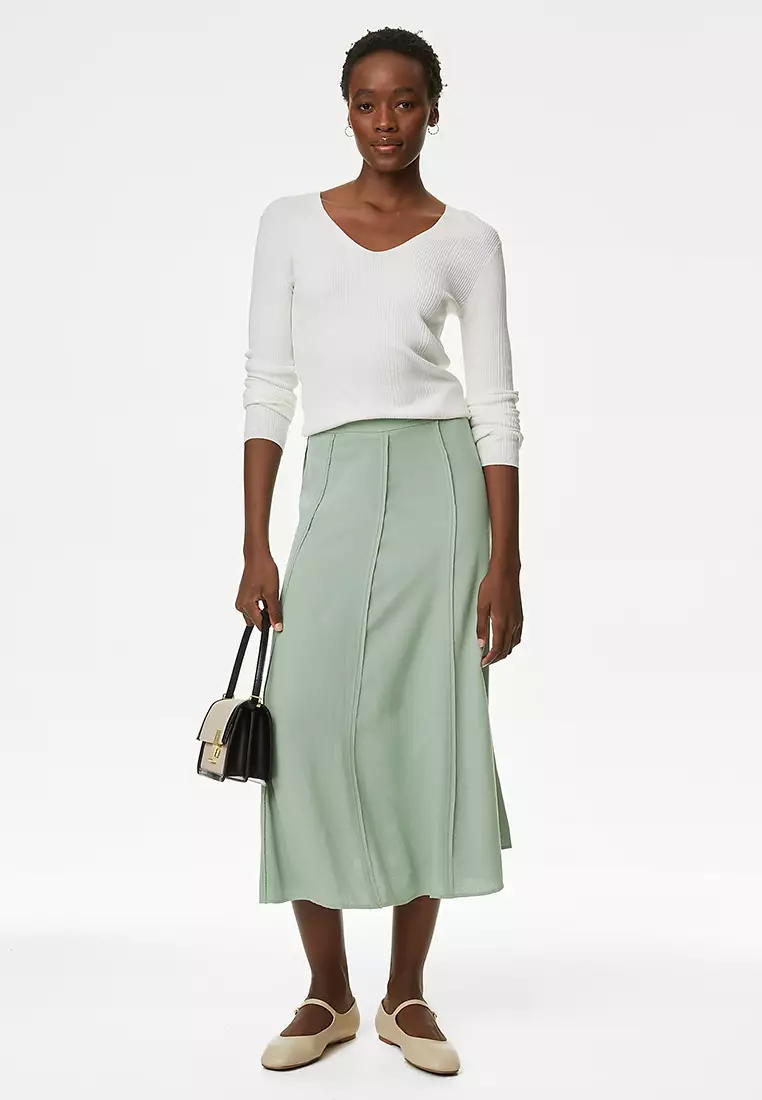 Panelled Midi A-Line Skirt with Linen