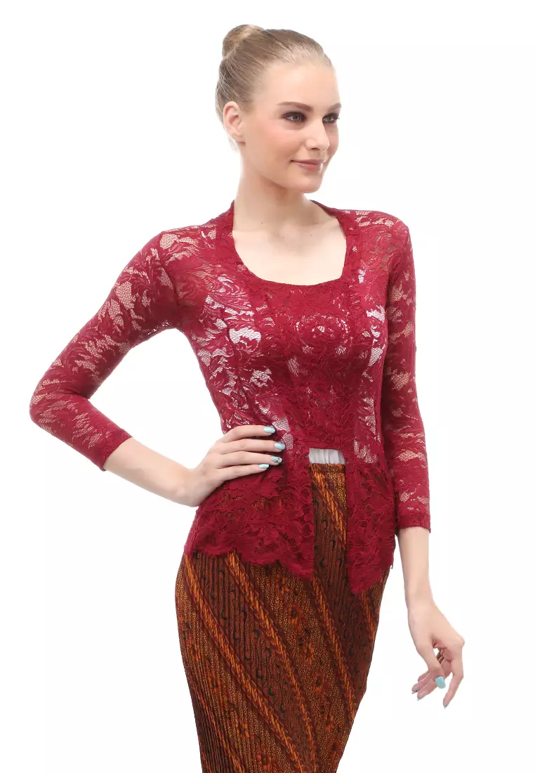 Hara Kebaya Seri 1 Motif Brokat Long Sleeves Atasan Wanita Transparan Premium Quality - Maroon