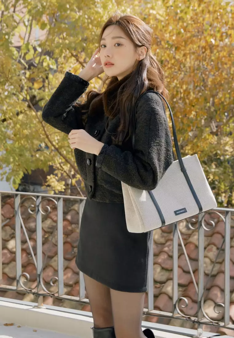 MINA V Canvas Vegan Leather Shoulder Bag Black