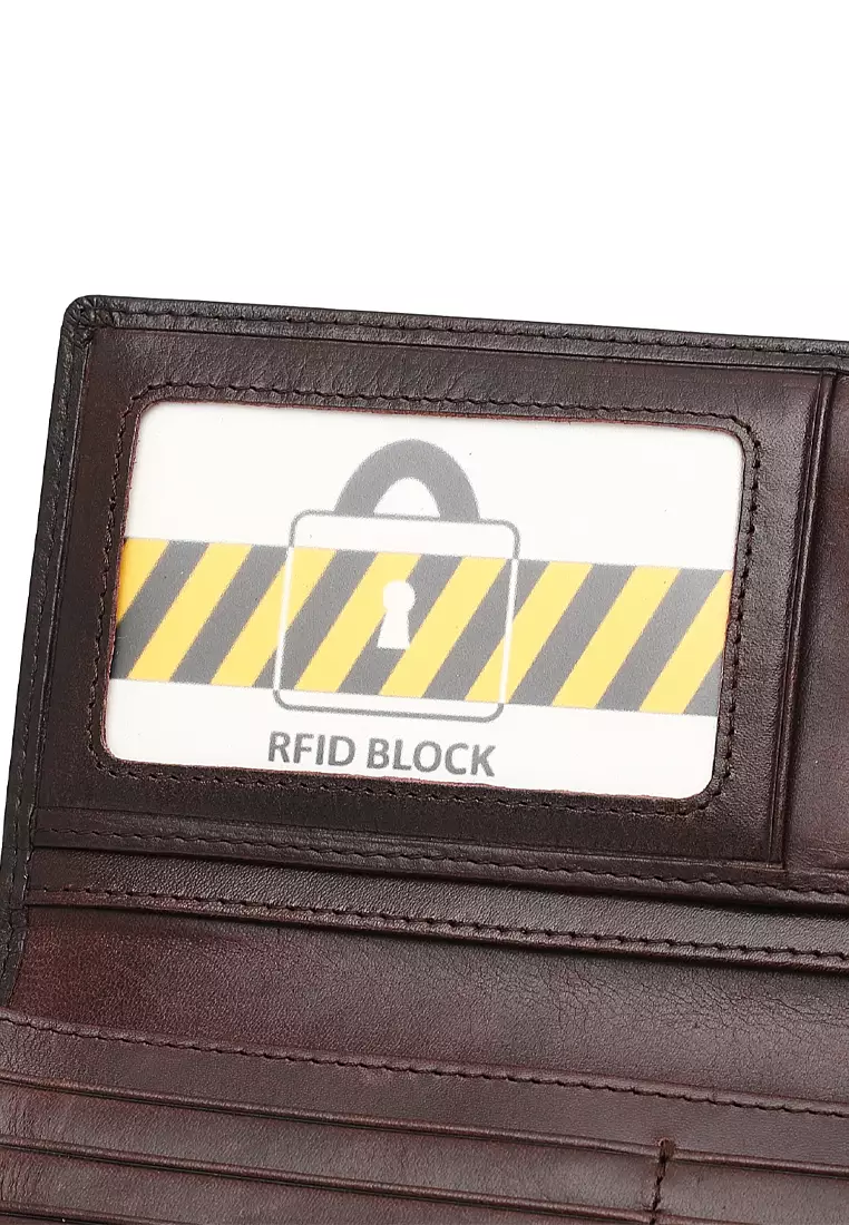 Genuine Leather RFID Blocking Long Wallet - Brown