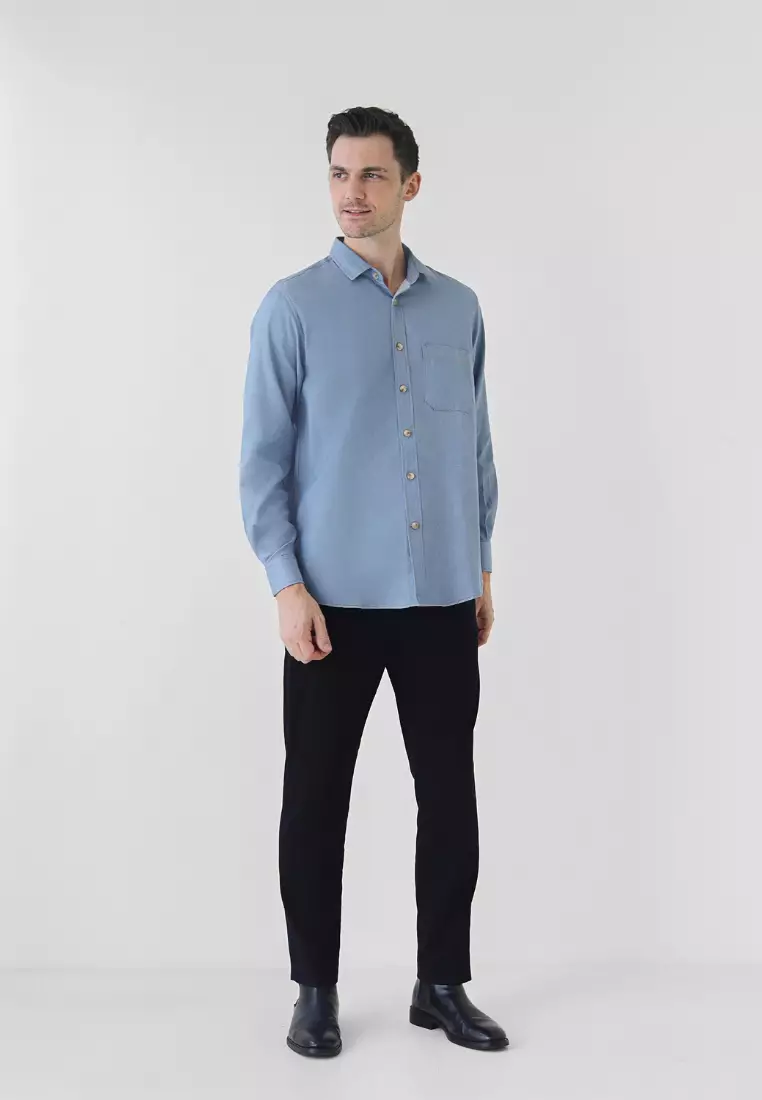Cotton Well Light Denim Series in Washed Blue | Kemeja Lengan Panjang Denim Biru