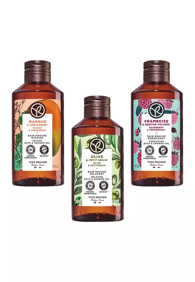 Body Wash Shower Gel Bundle of 3 200ml Mango & Coriander, Raspberry & Peppermint, and Olive & Petitgrain Scent for Moisturizing Skin