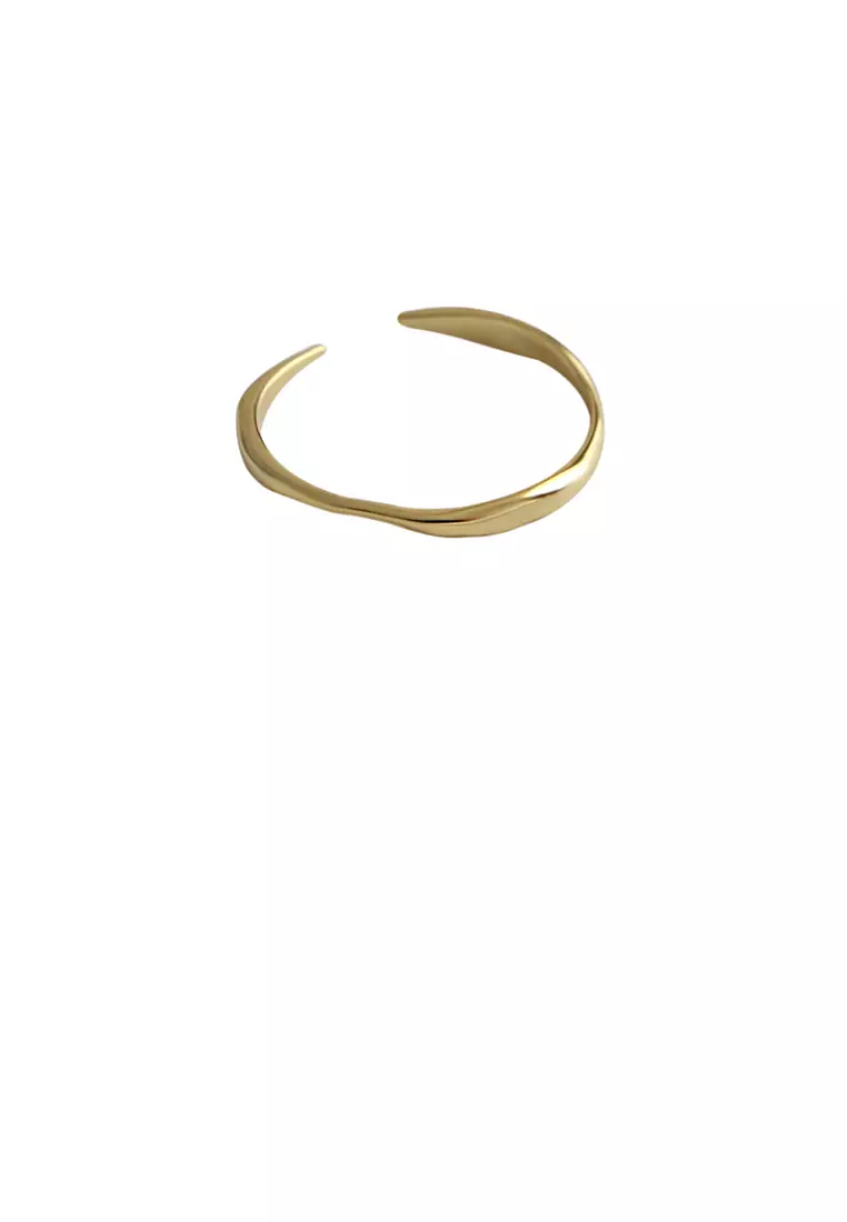Glamorousky 925 Sterling Silver Plated Gold Simple Temperament Irregular Wave Pattern Geometric Adjustable Opening Ring