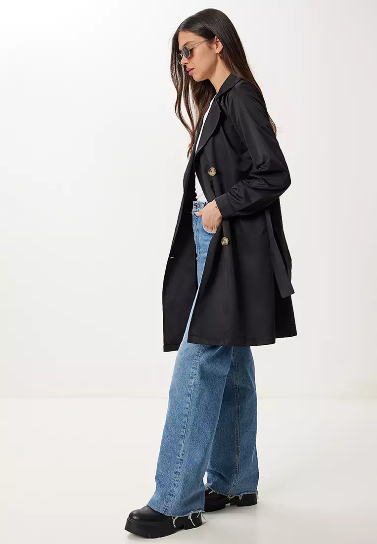 Women's Black Double Breasted Collar Belted Seasonal Trench Coat Dd01374