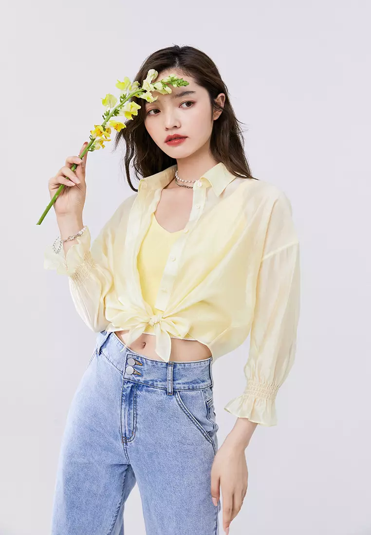 Semi Sheer Cropped Blouse With Waist Tie