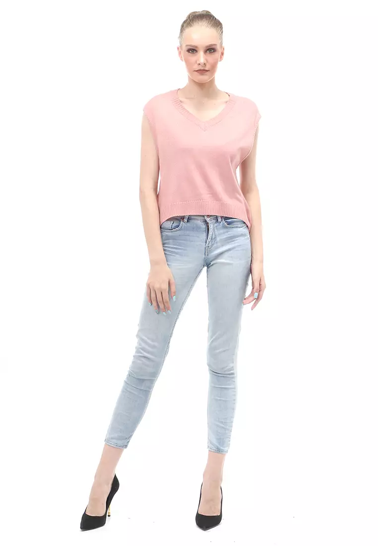Vest Knit Atasan Wanita Sleeves Kerah V-neck Design Simple - Pink