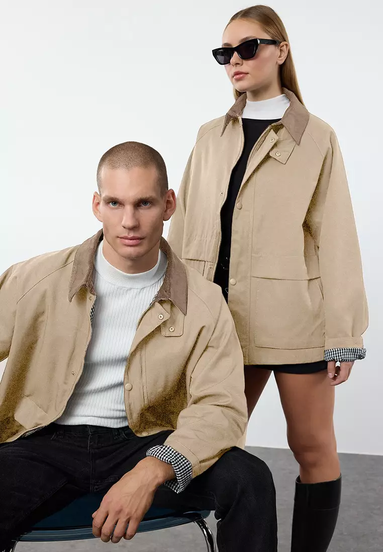 Stone Regular Fit Velvet Collar Detailed Unisex Seasonal Coat TMNAW25MO00017