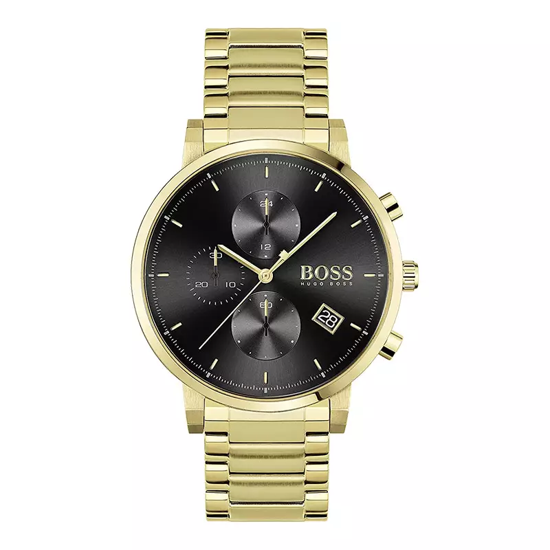 Jam Tangan Pria Hugo Boss Integrity 1513781 Men Chronograph Black Dial Gold Stainless Steel Strap