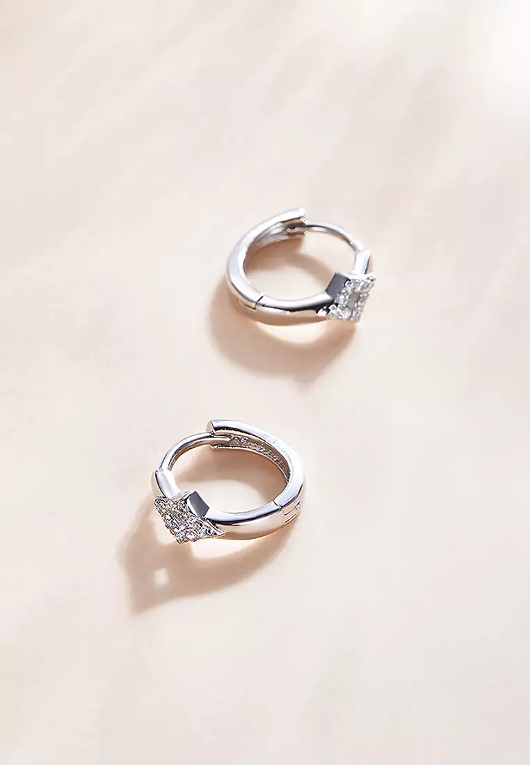 Solid 925 Sterling Silver Cubic Zirconia Diamond Shaped Hoop Earrings