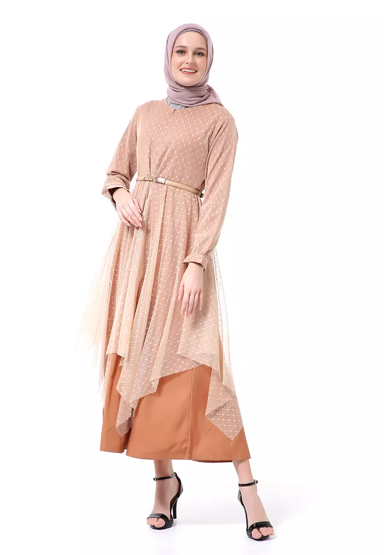 Zahwa Long Dress Gamis Muslimah Long Sleeve Free Belt High Quality - Mocha