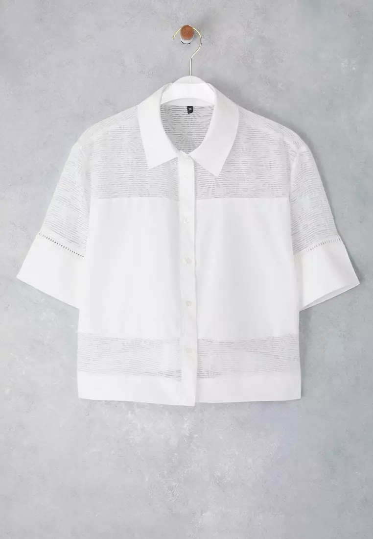 White See-Through Detailed Short Sleeve Crop Shirt Twoss25Go00170