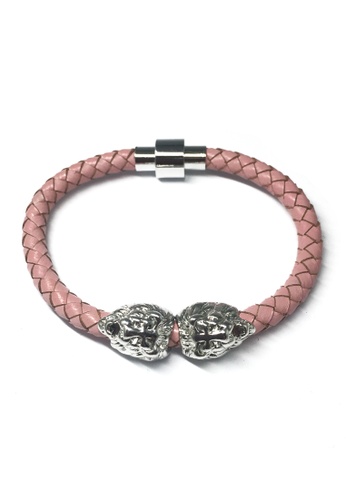 Splice Cufflinks pink Duple Series Pink Real Leather Strap with Double Silver Lion Head Bracelet SP744AC74XERSG_1