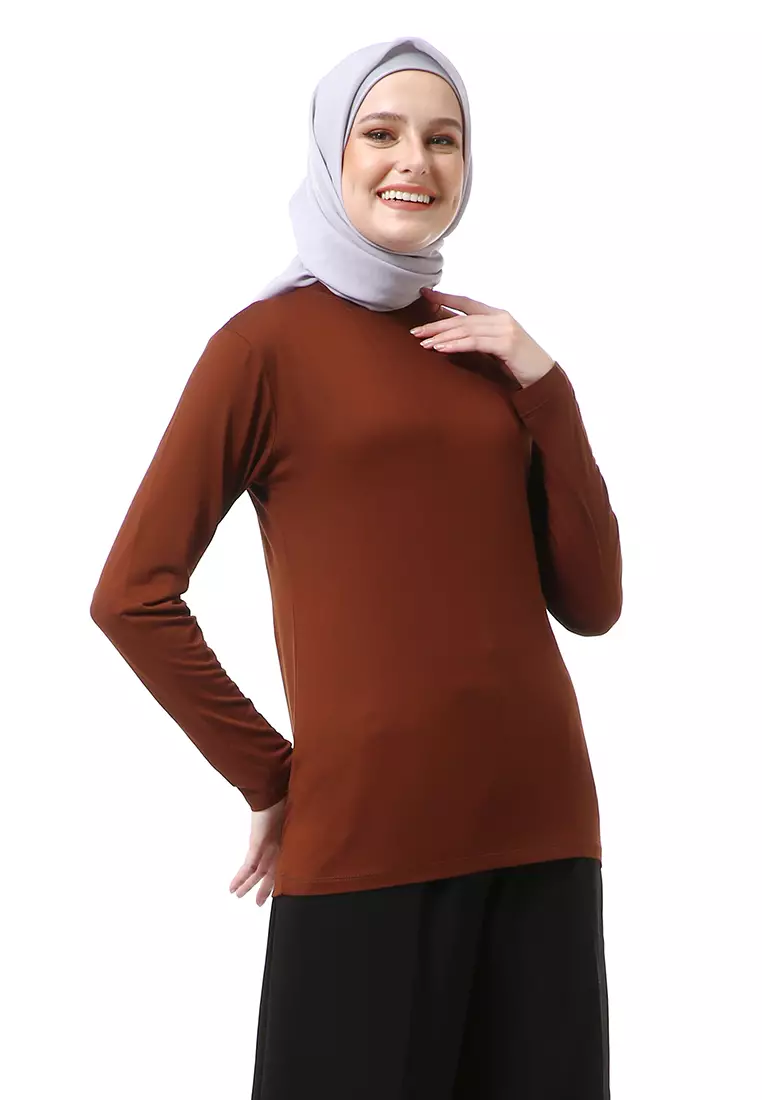 Zlora Manset Atasan Wanita Motif Polos Long Sleeve Reguler Fit - Choco