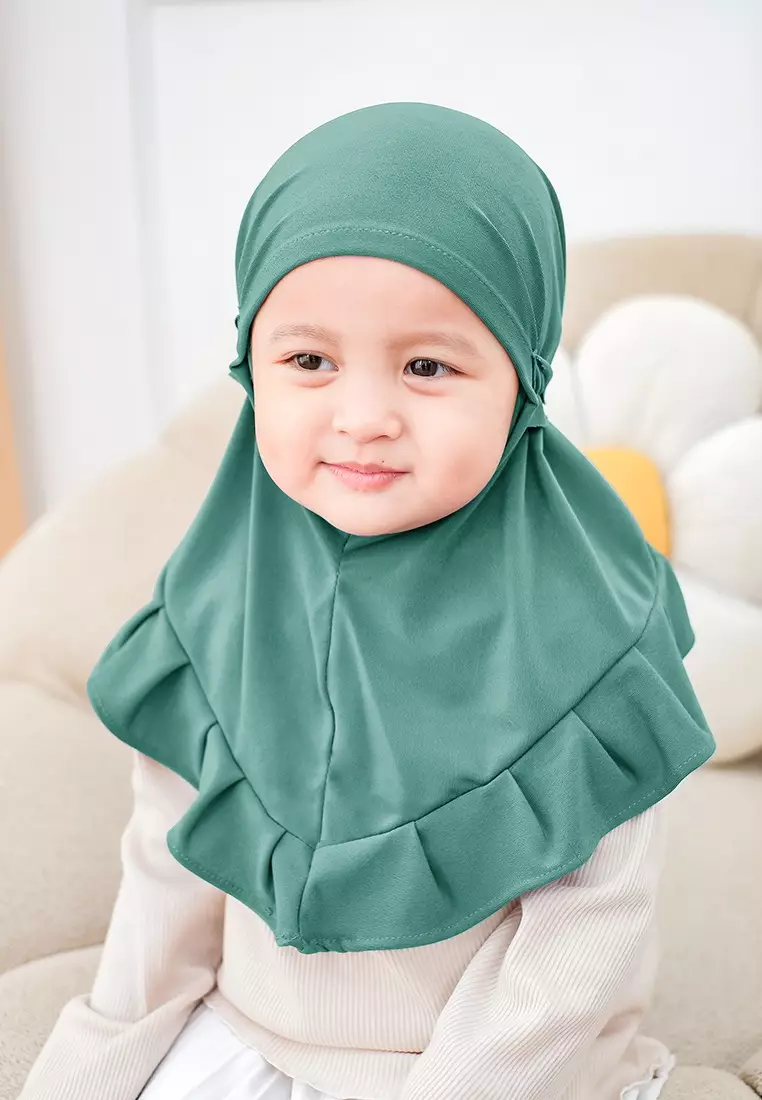 Cotton Bee - Ziva Ruffle Instan | Hijab Instan Anak | Kerudung Jilbab Bergo Tali Anak - Teal Turquoise - S
