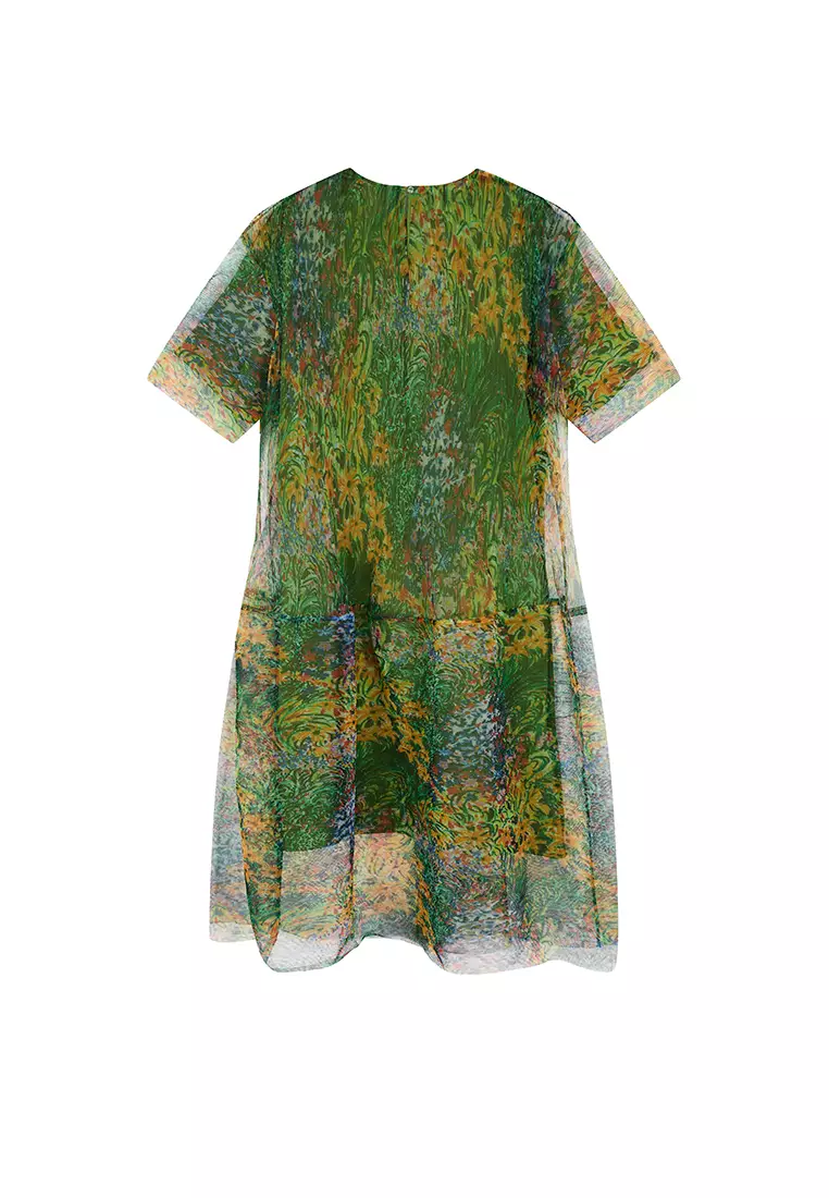 Blended Printed Pattern Element A-line Pleated Short Sleeve Dress