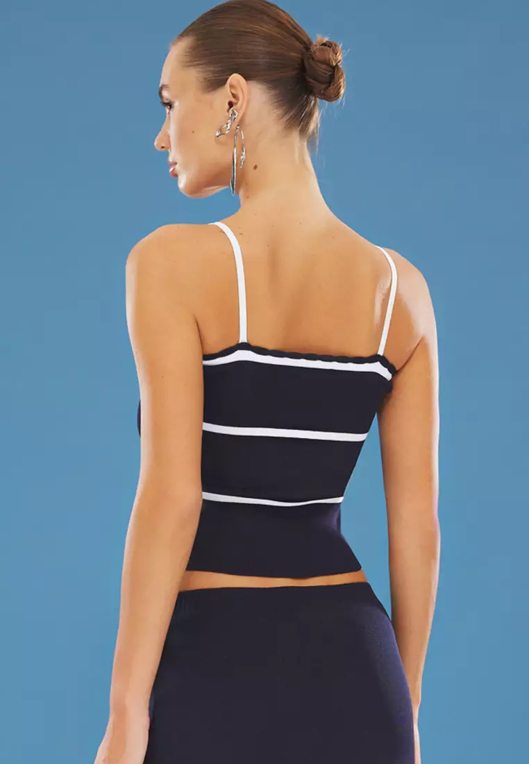 Navy Blue Ribbon Detail Blouse-Skirt Knitwear Top Bottom Set