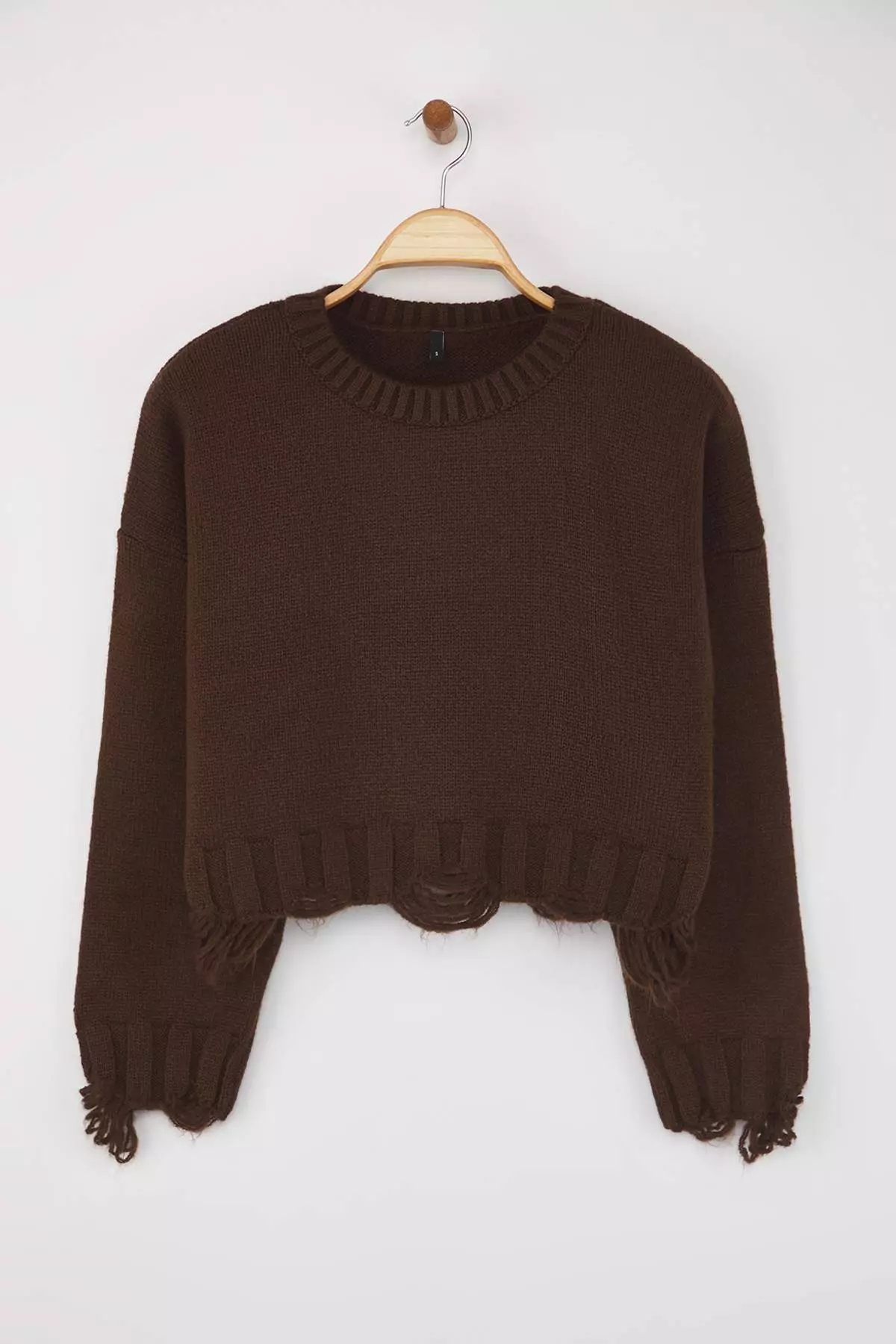 Brown Crop Wide Pattern Soft Textured Flow Detailed Knitwear Sweater