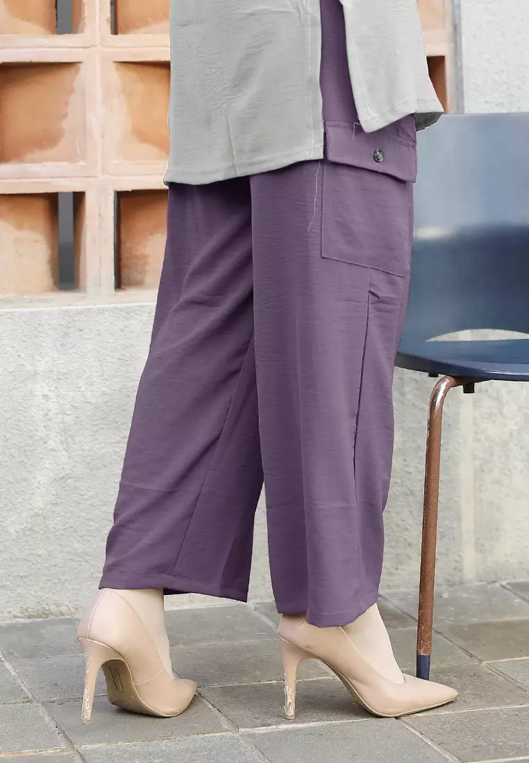 Cotton Bee - Tirana Pants | Celana Wide Legs Wanita | Kulot Basic Pocket - Grape Purple
