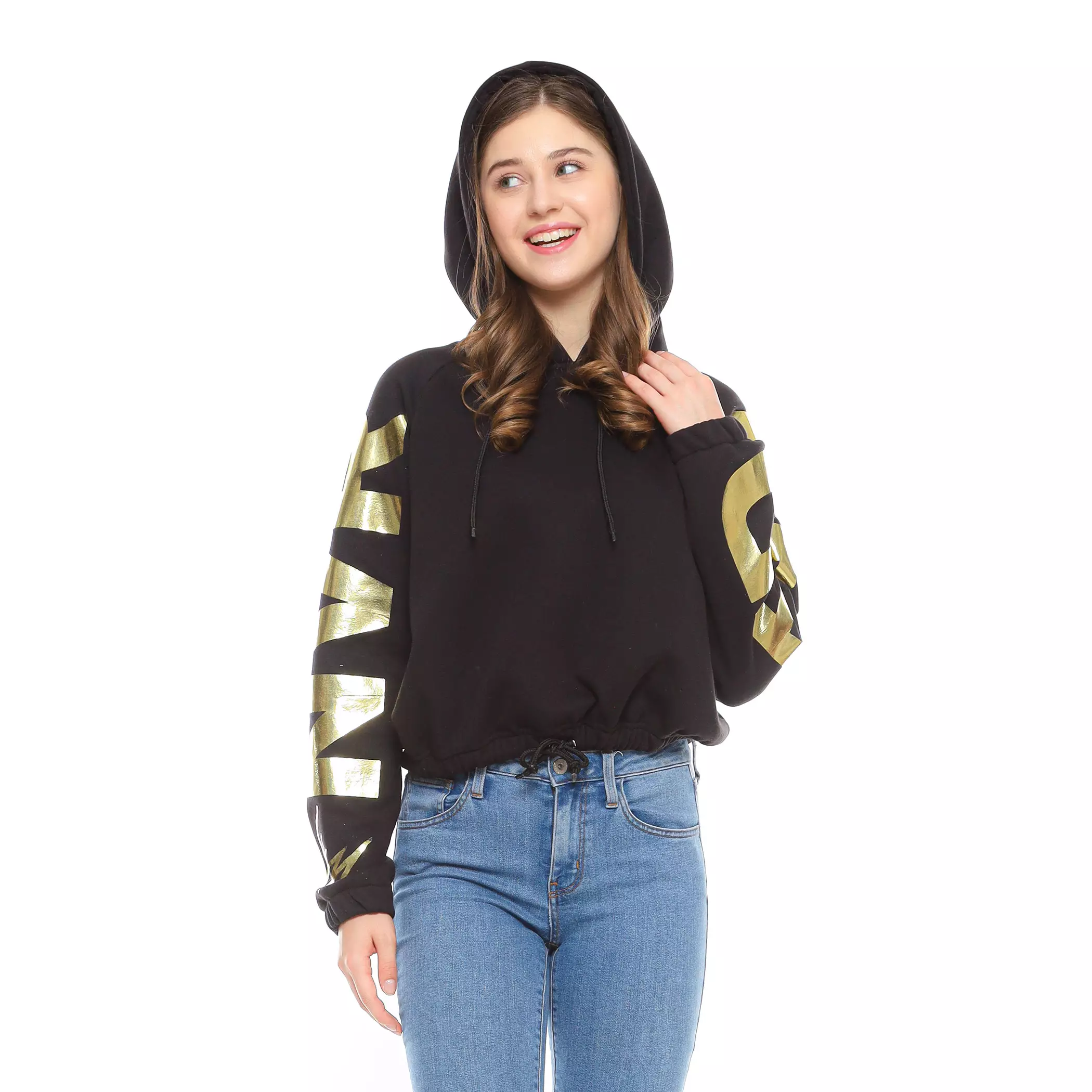 Enough For Today - Hoodie Sweater Crop Oversize Reglan Wanita Hitam Gold Millennium