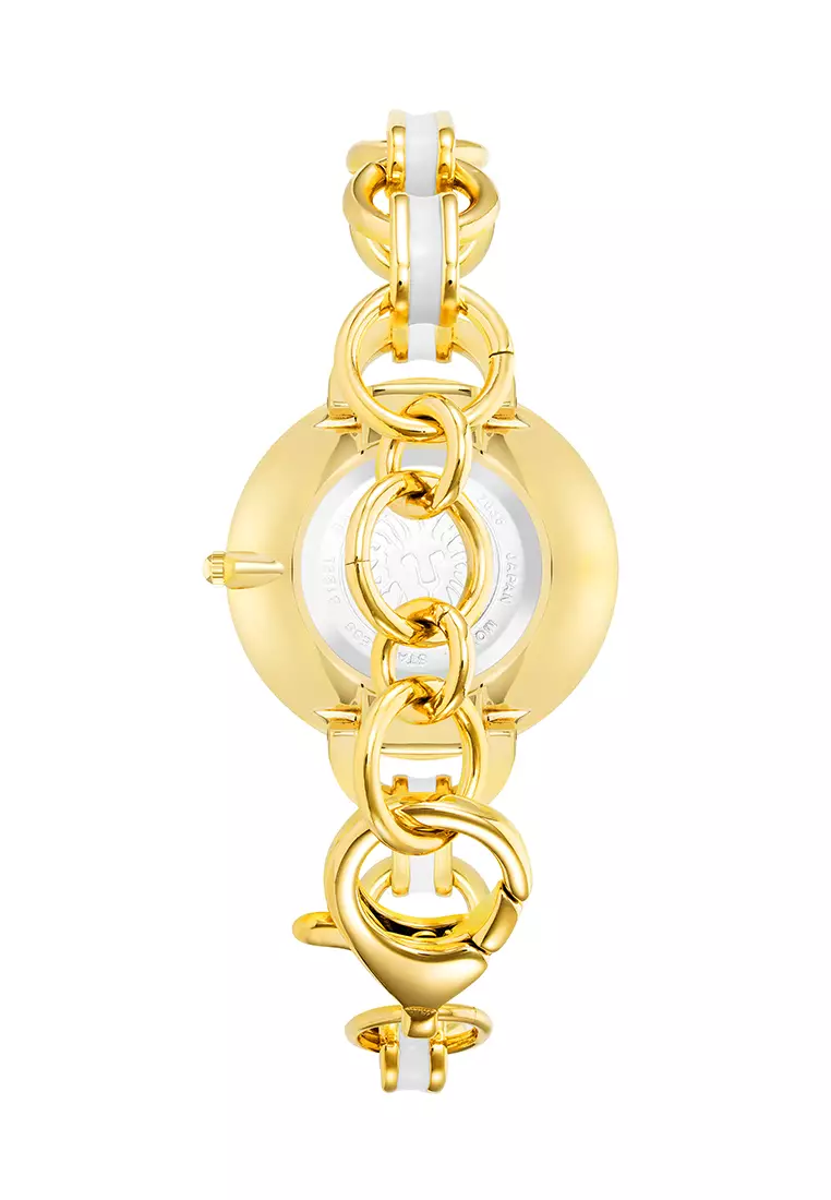 White Dial with Pearlings Gold Tone Round Watch with Black Enamel band