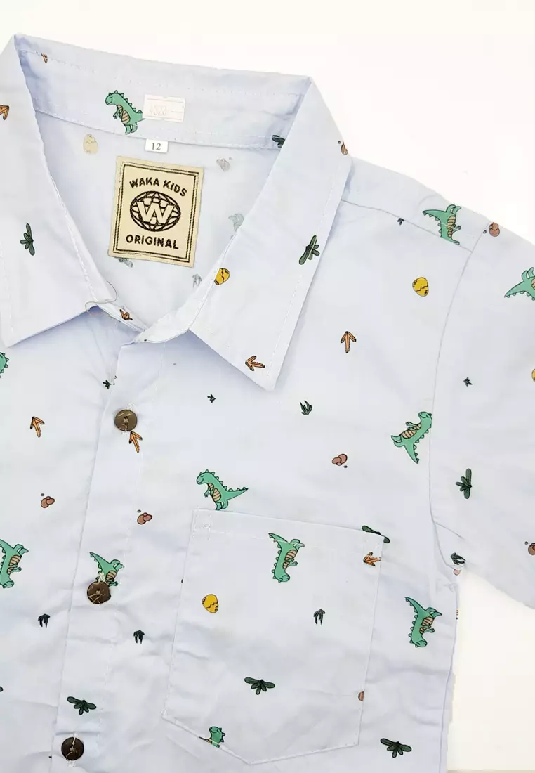 Wakakids Kemeja Anak Laki Laki Usia 6 Tahun Hingga 9 Tahun Atasan Baju Kerah Collar Shirt Pattern Dinosaurus 4328 Vensk
