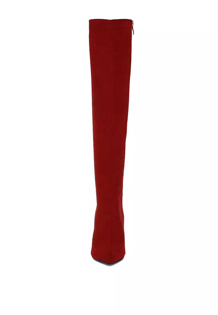 Red Slim Block Heel Long Boots