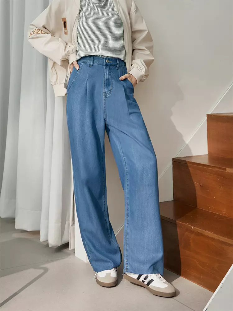 純棉天絲牛仔不收邊寬褲《BA7578》