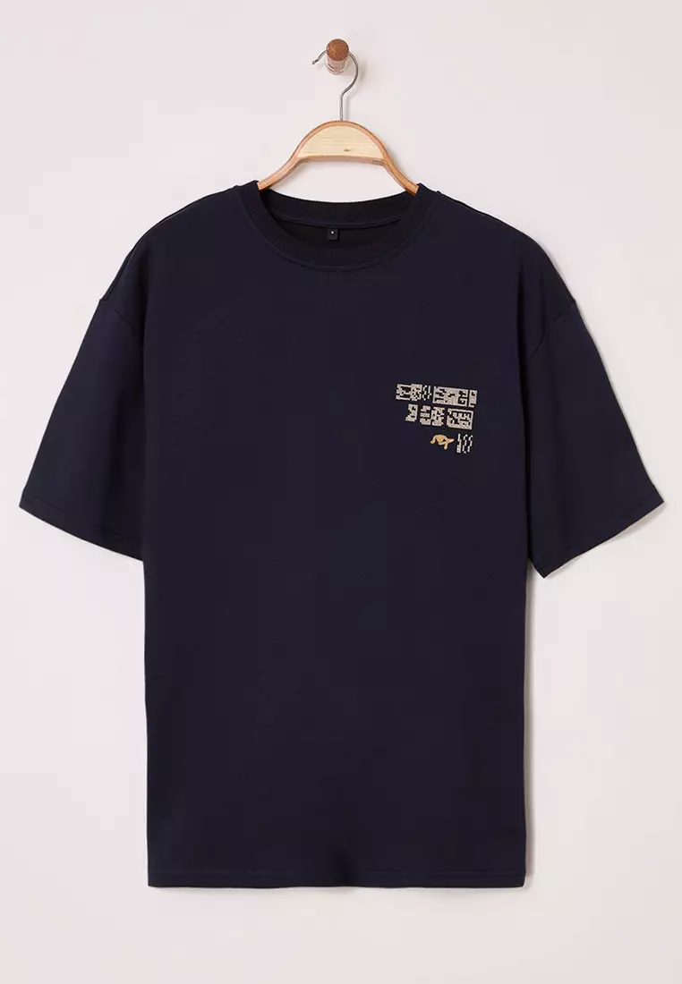 Navy Blue Oversize/Wide Cut Ethnic Embroidered T-Shirt TMNSS25TS00167