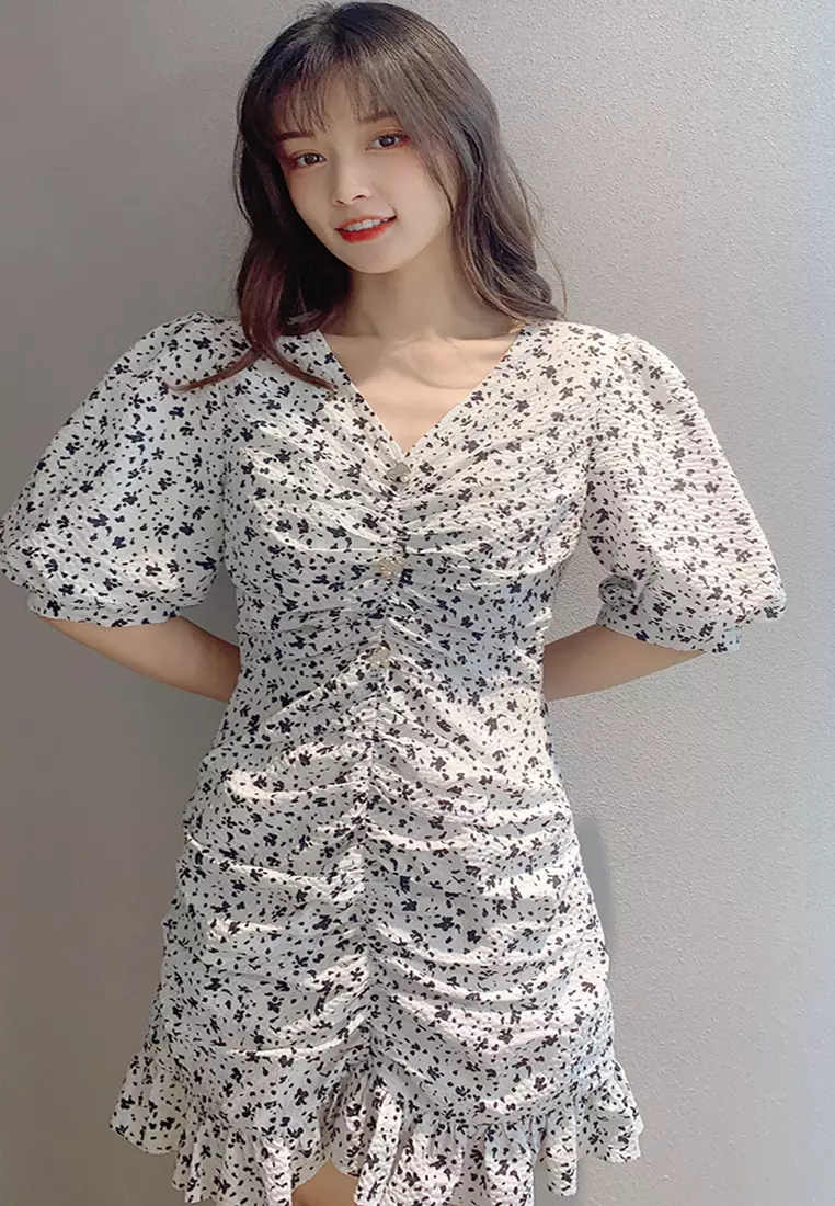 Puff Sleeve Polka Dot Textured Dress