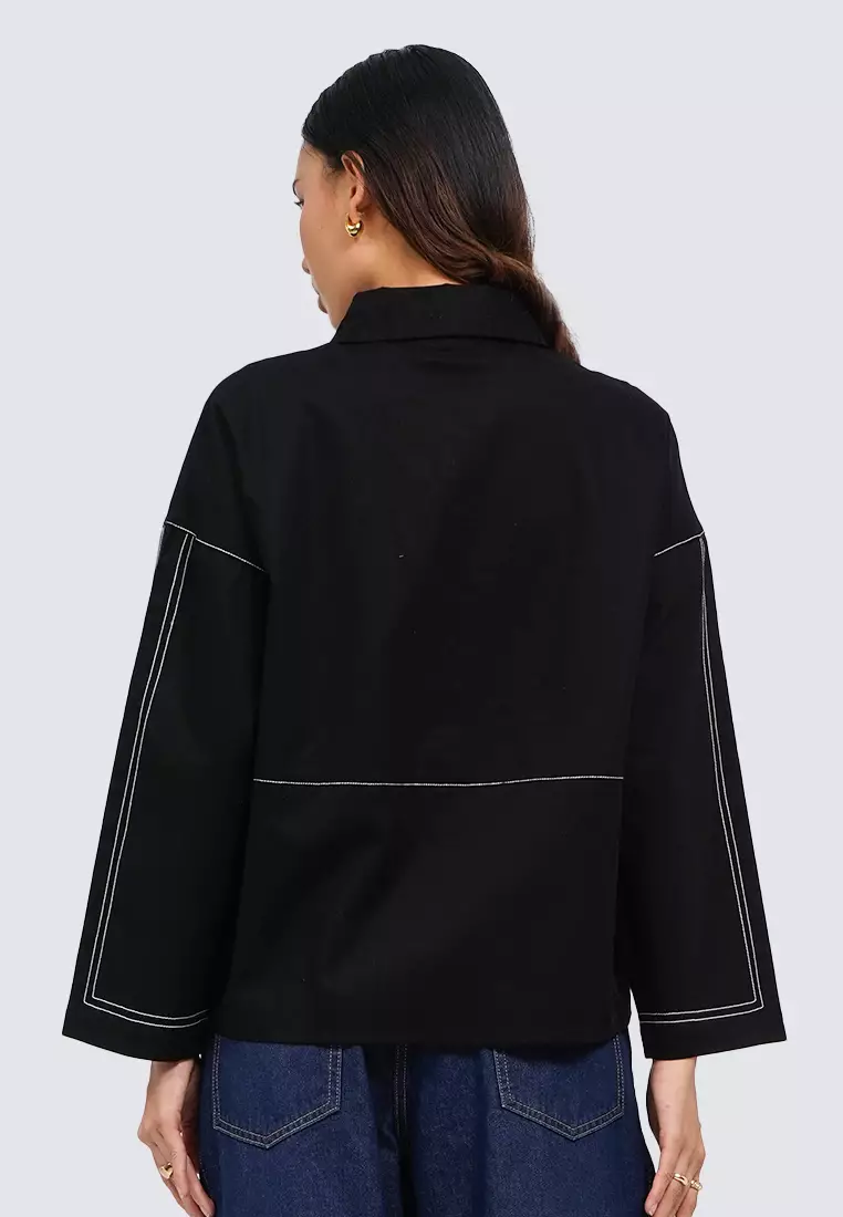 Loose Contrast Stitch Blouse BLACK