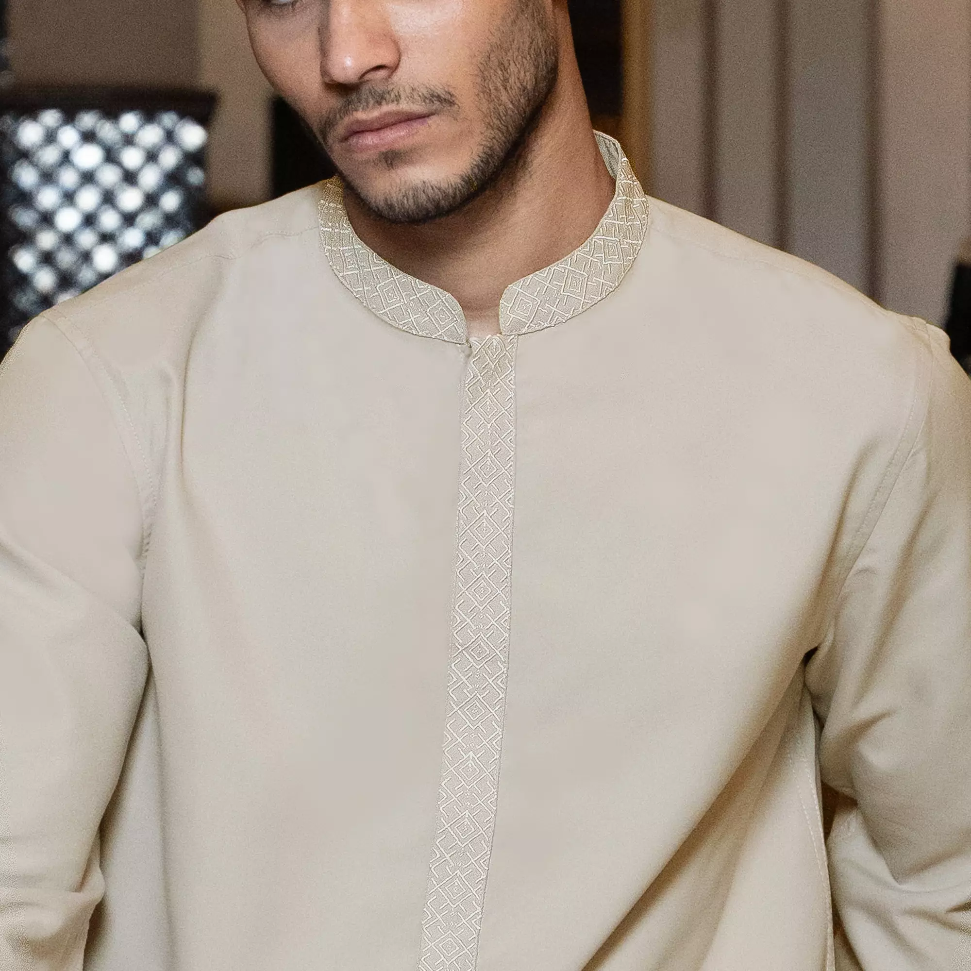 Kemeja Koko Bordir Azril Tangan Panjang Pria Muslim Lebaran Cream