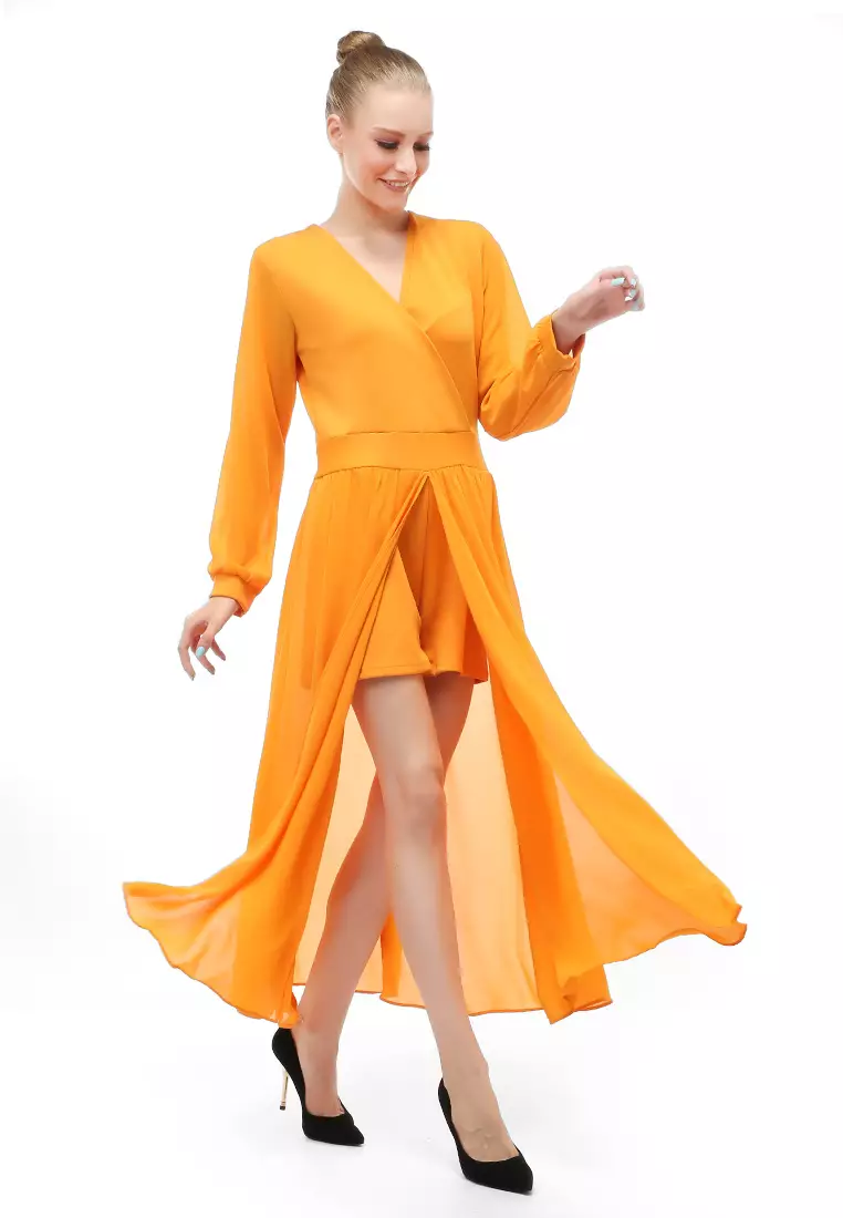 Jumpsuit V-neck Long Sleeves Wanita Motif Solid Relaxed Fit - Kuning