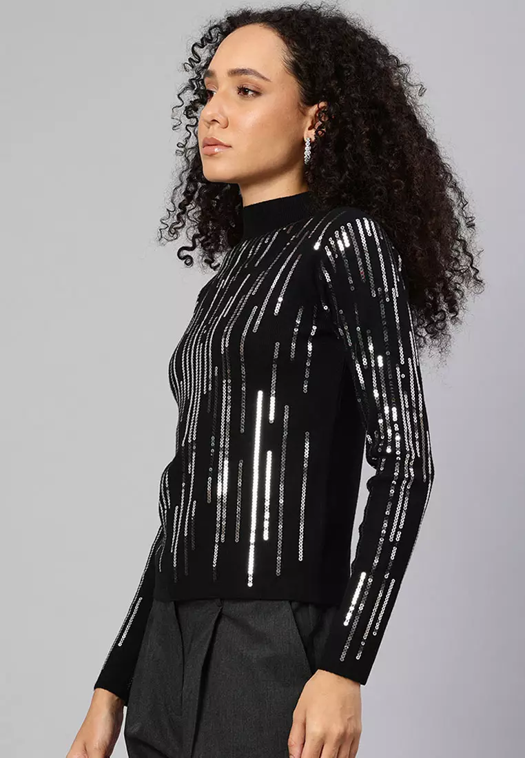 Sequin Detail Full Sleeves Top in Black