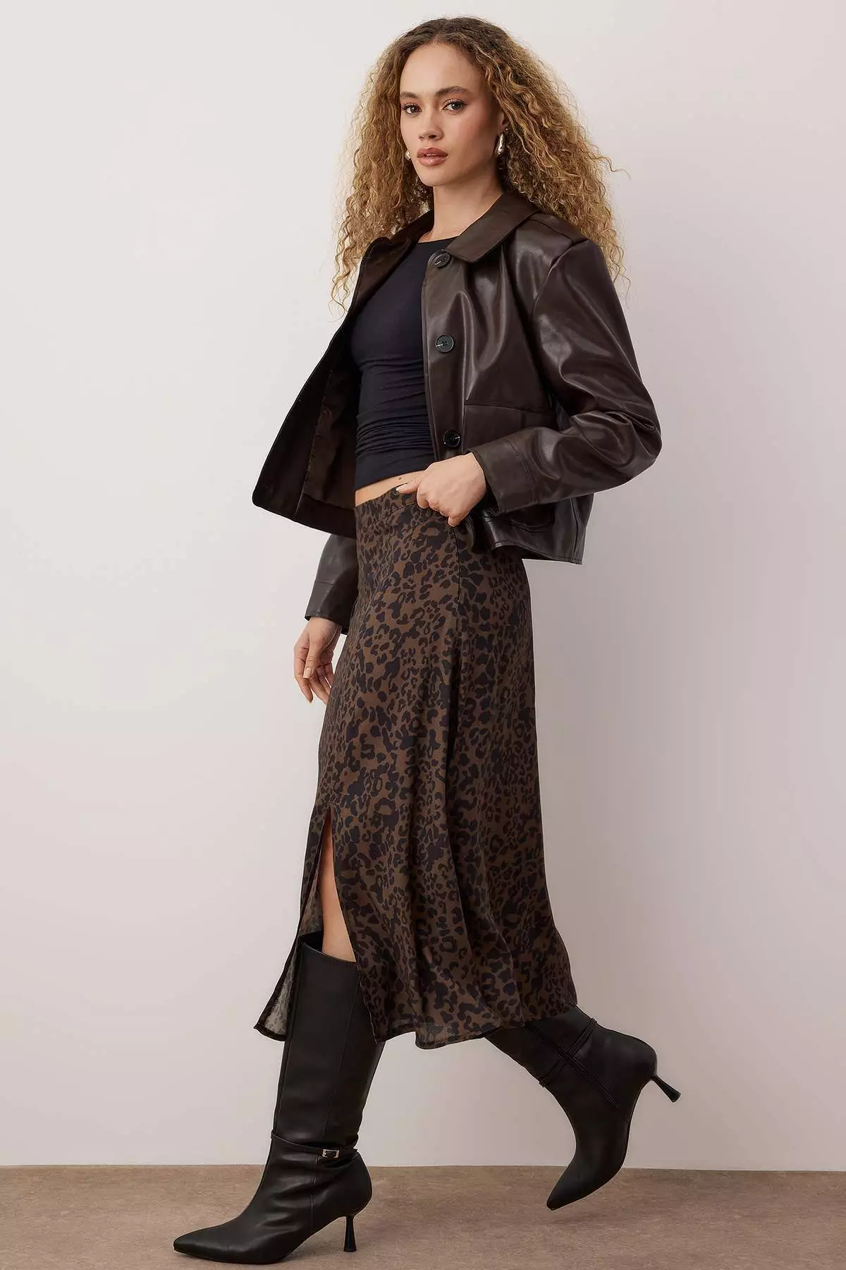 More Sustainable Brown Slit Detailed Leopard Patterned Midi Woven Skirt Twoss2Et23