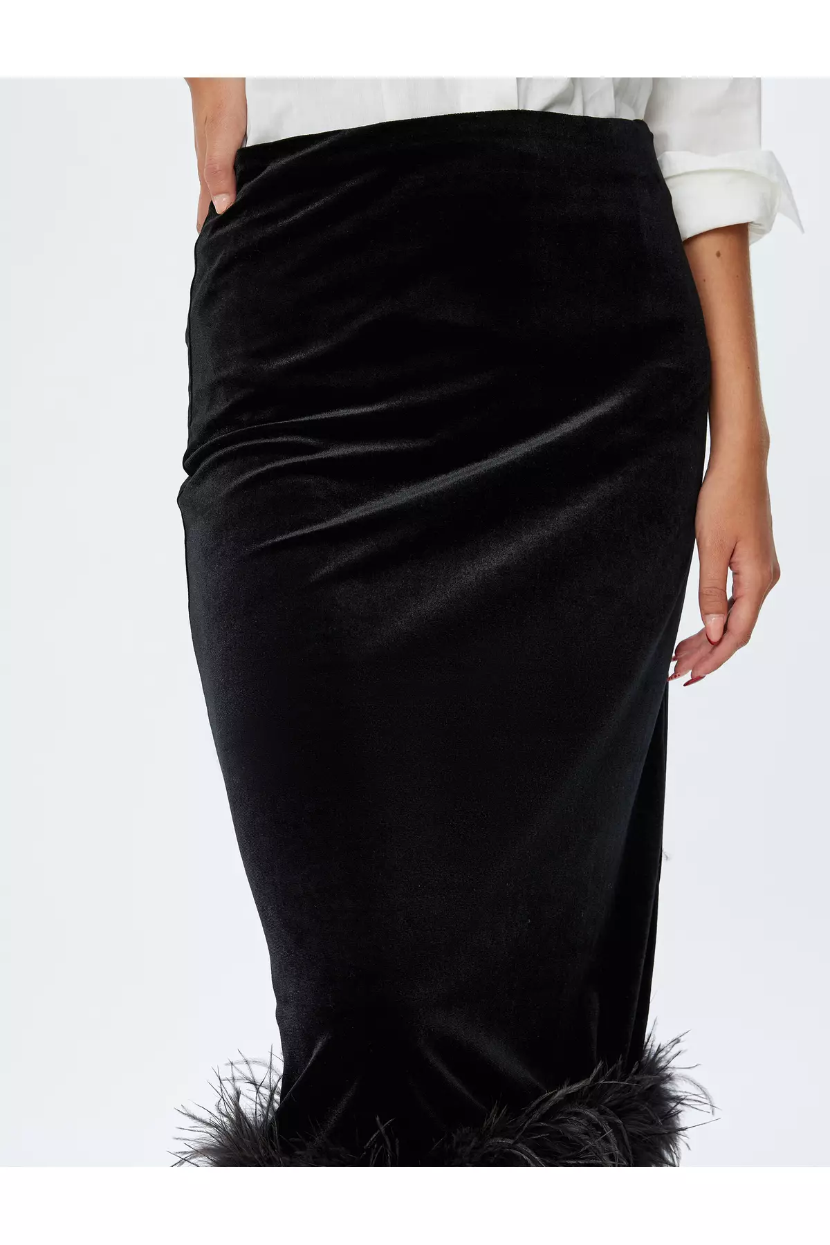 Evening Skirt Midi Velvet Feather Detail Slim Fit
