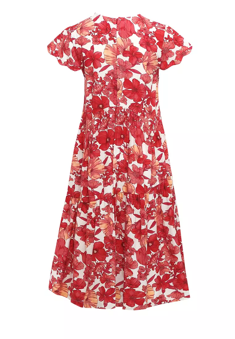 Pito Dito Girl Chiruru Dress Midi Anak Merah Motif Bunga