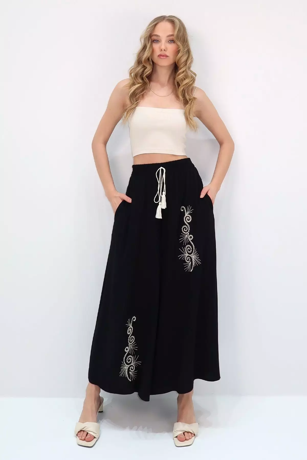 Women's Black-Stone Ethnic Embroidered Tie Detailed Woven Viscose Palazzo Trousers