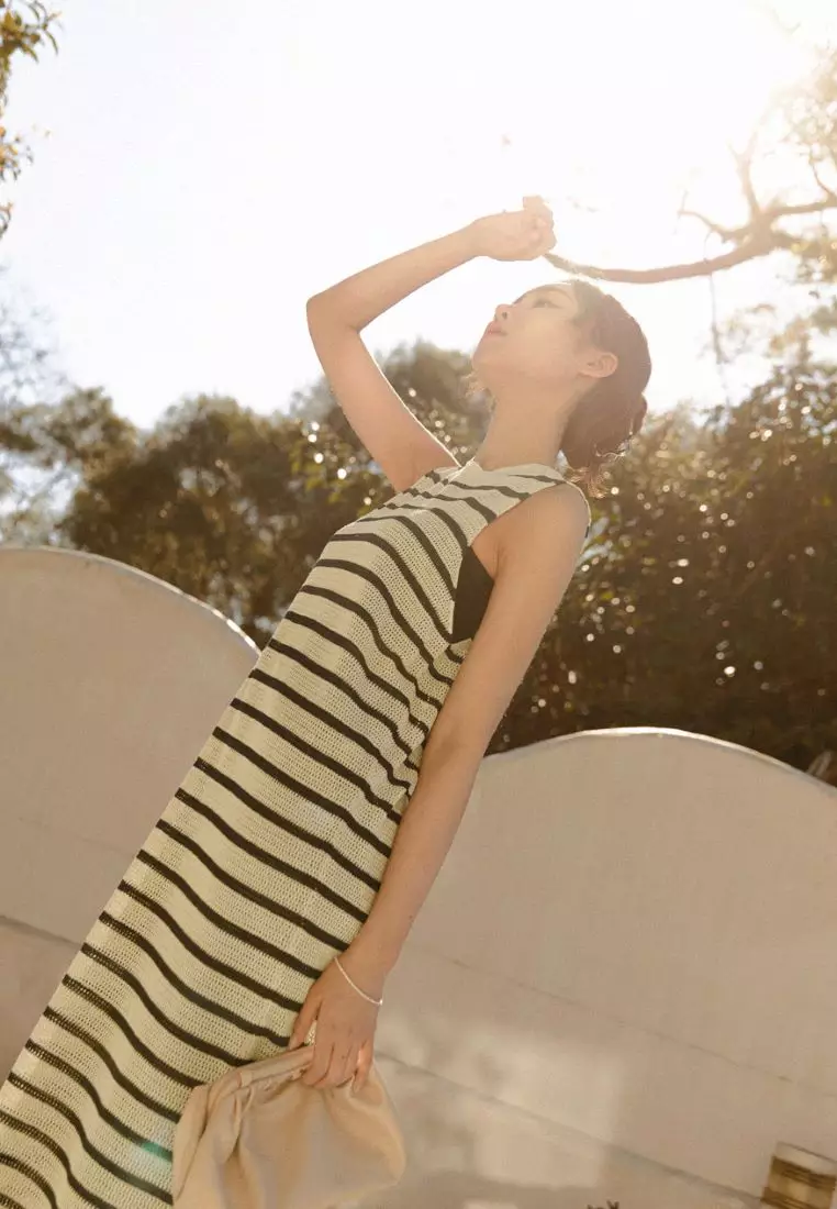 Hollow-Out Knitted Sheer Striped Sleeveless Maxi Dress [FA2745]