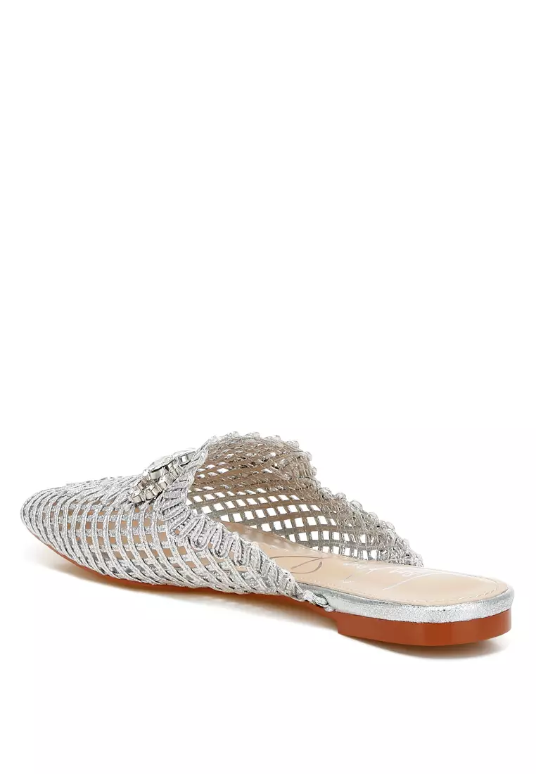 Metallic Woven Diamante Mules in Silver