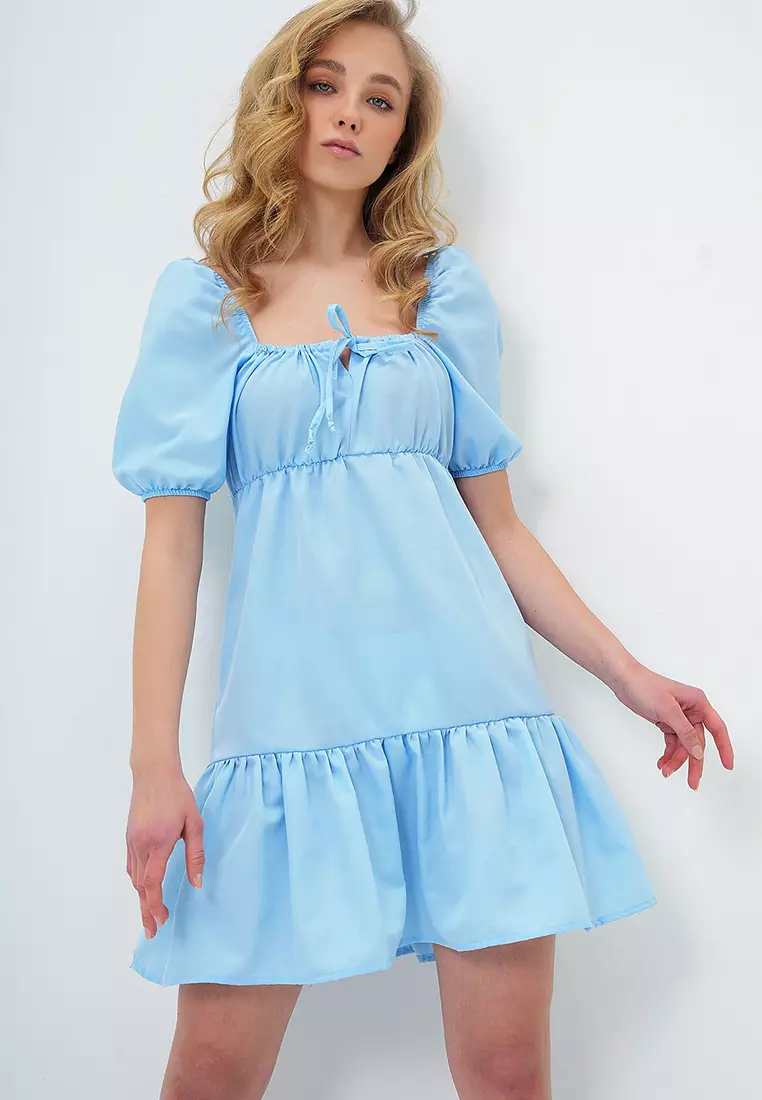 Women's Baby Blue Square Neck Balloon Sleeve Poplin Mini Dress Alc-X13594